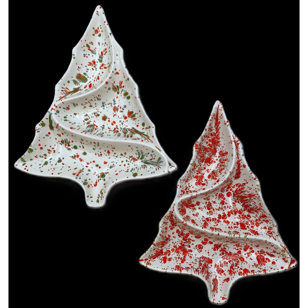 2 MCM Ceramic Christmas Tree Divided Dishes Spatter Confetti Glaze Vtg 13x10